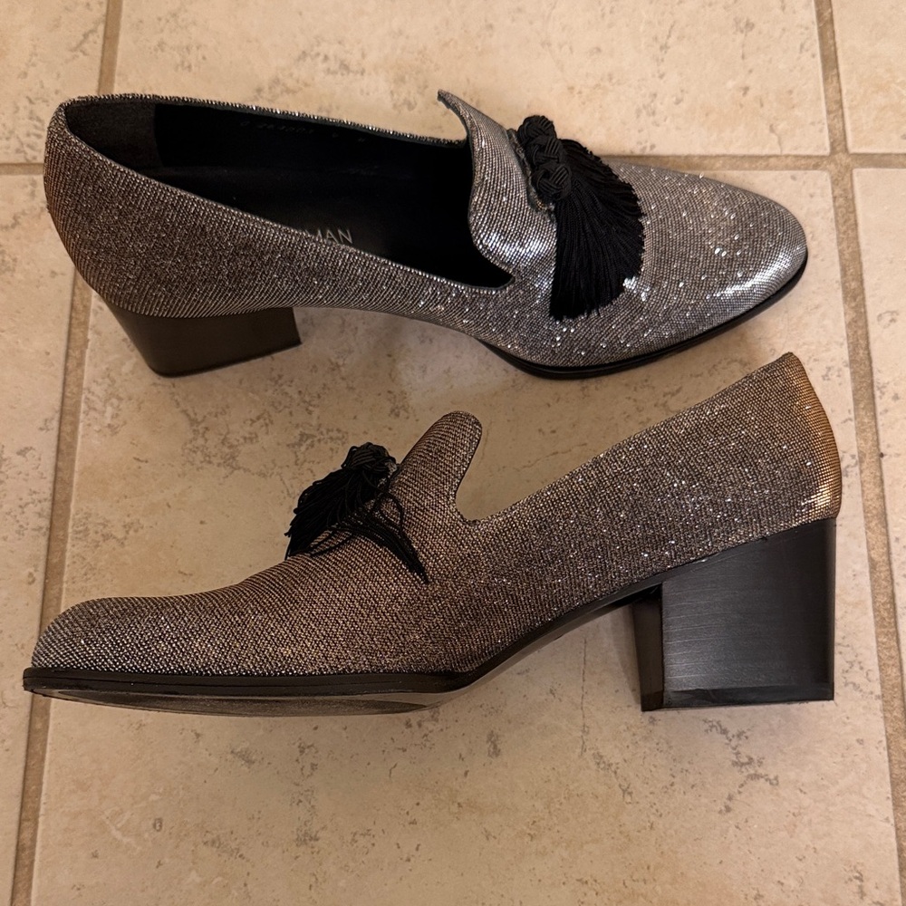 Stuart Weitzman Glittering Silver Loafers with Black Tassels